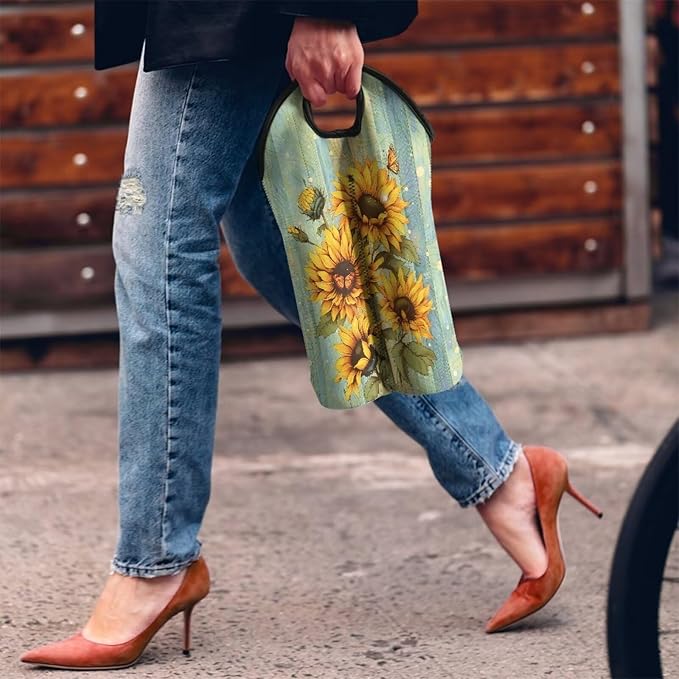 doginthehole Wood Sunflower Champagne Carrier Bag 2 Bottle Insulated Wine Tote Cooler Bag with Handle Neoprene Wine/Water Bottle Holder for Travel
