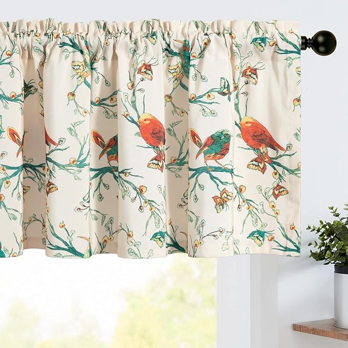 Leeva Branch and Birds Print Curtains Valances for Windows Porch, Thermal Insulated Rod Pocket Green Spring Style Small Curtains and Drapes for Kids' Room, One Panel, 52 x 18