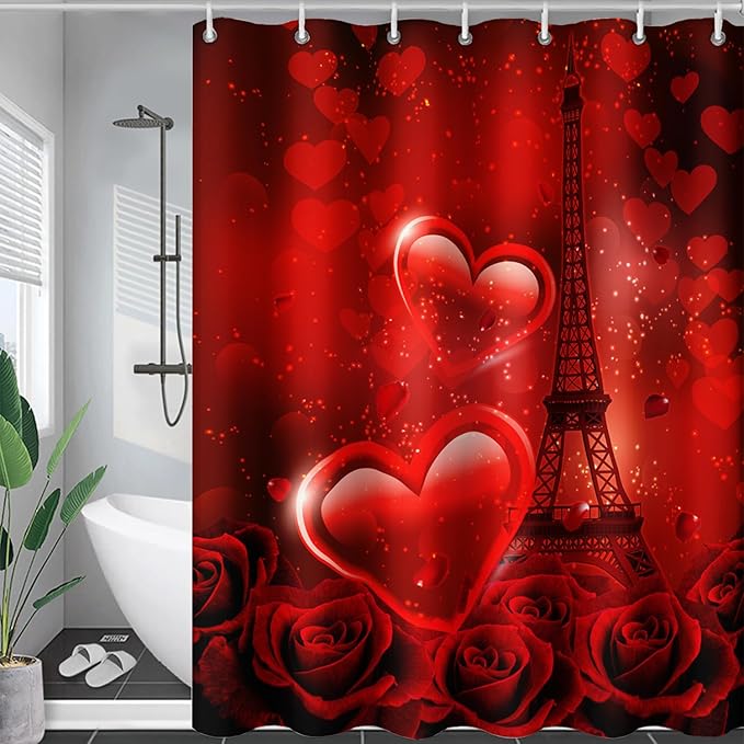 AILONEN Red Rose Shower Curtain for Bathroom, Romantic Eiffel Tower Love Hearts Printed Bathroom Curtain,72" W*96" H Polyester Waterproof Bath Curtain with 12 Hooks