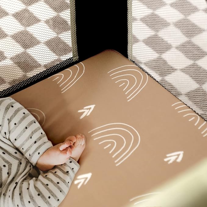 GRSSDER Stretchy Ultra Soft Jersey Knit Fitted Pack n Play Sheets Set 2 Pack, Neutral Portable/Mini Cribs Sheets, Fit Playpen Mattress Pads Safe and Snug, Jungle Bear/Rainbow for Baby