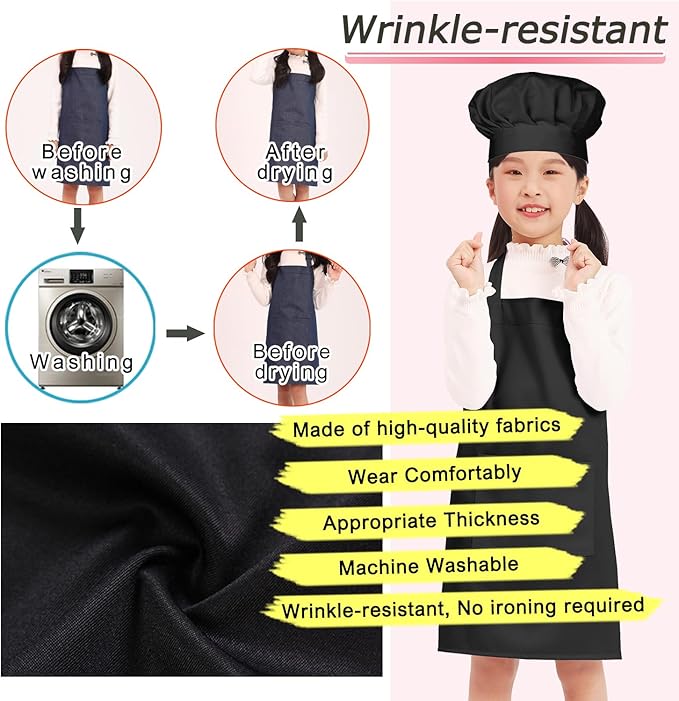 Kids Apron Chef Hat Set for Boys and Girls Adjustable Neck Strap Hook and Loop Fastener Design Waistband for Baking