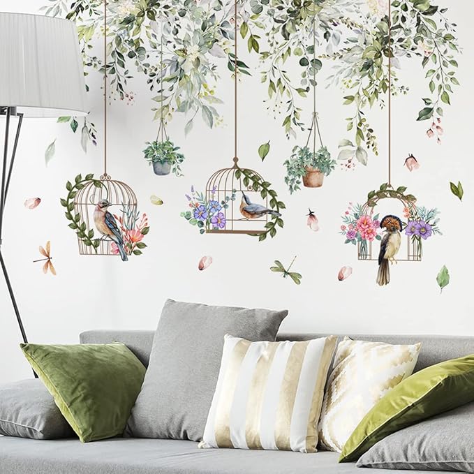 Vine Bird Wall Decals Green Plant Birdcage Wall Stickers Birds and Hanging Birdcage Wall Decor for Kids Girls Baby Boys Bedroom Living Room Bathroom Playroom Classroom Nursery Decoration