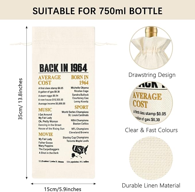 DAZLUTE 60th Birthday Gifts for Women, 60 & Fabulous Wine Glass with 1 Pack Reusable Burlap Wine Bag, 60 Year Old Wine Glass Birthday Gift for Women Mom Friend Sister Wife Aunt Grandma, 17 Oz Gold