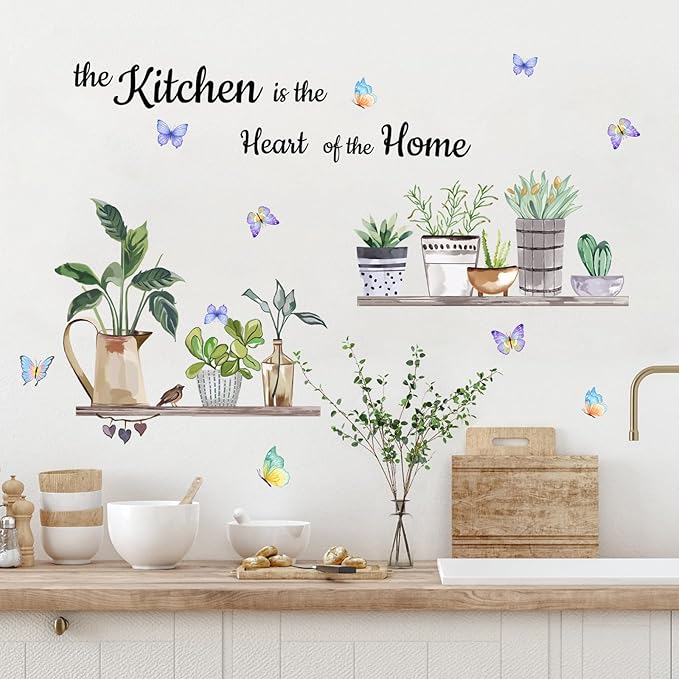 Green Plants Shelves Wall Deals Potted Plants Leaves Wall Stickers The Kitchen is The Heart of Home Word Saying Peel and Stick Wall Art Decals for Kitchen Dining Room Restaurant Living Room Wall Decor