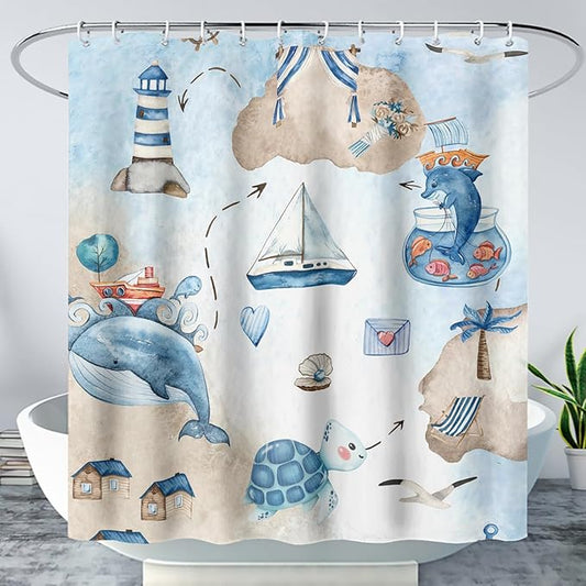 AILONEN Cartoon Dolphin Hower Curtain,Cute Sea Turtle Shower Curtain for Bathroom,Nautical Theme Bath Curtain,Watercolor Blue Waterproof Fabric Shower Curtain Set for Kids Girls,Boys,36" W*72" H