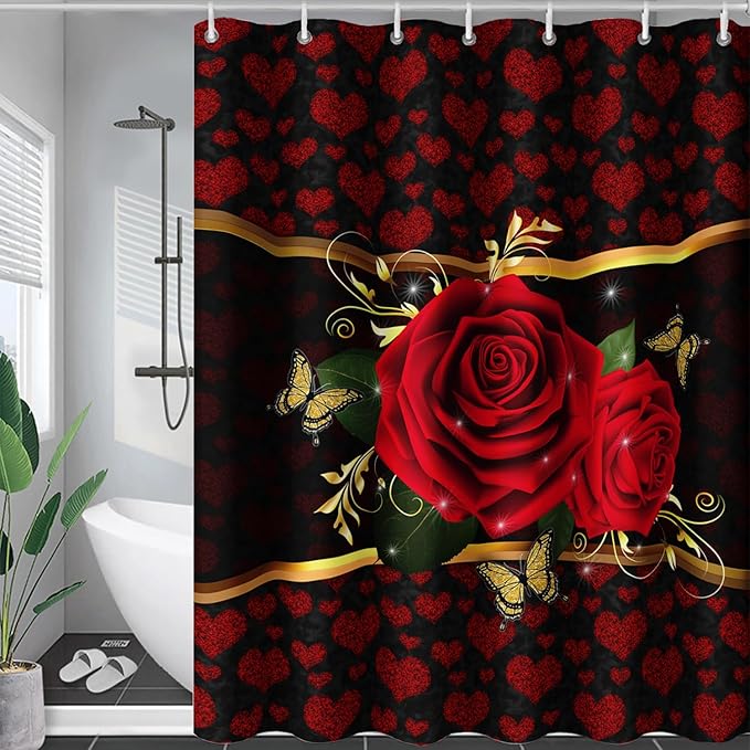 AILONEN Red Rose Shower Curtain for Bathroom, Romantic Flower Rose 3D Printed Valentine Wedding Bathroom Decor Hearts Curtain,48" W*72" H Polyester Waterproof Bath Curtain with 12 Hooks