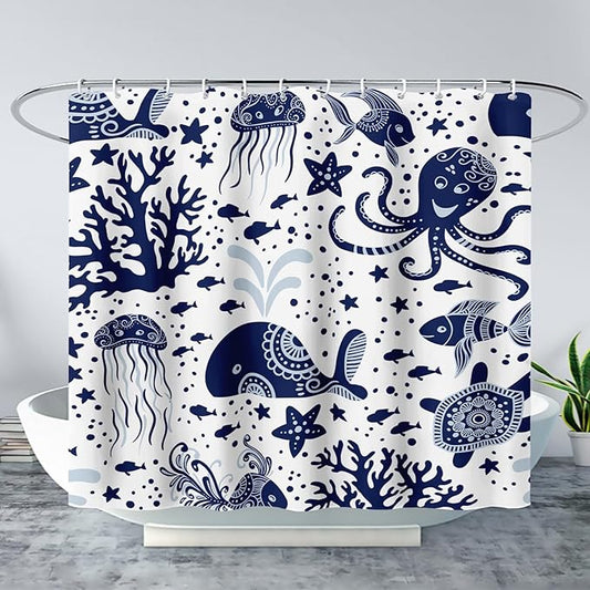 AILONEN Cartoon Dolphin Shower Curtain for Kids 72" W*96" H Inch,Blue Whales Octopuses Turtles Pattern Shower Curtain,Ocean Life Theme 12 Pack Hooks Polyester Waterproof Fabric Decor for Bathroom