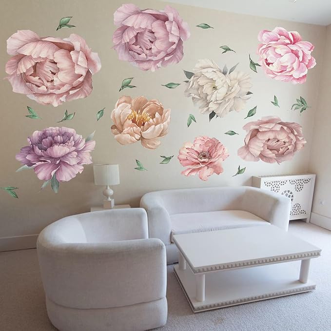 9 Pieces Large Peony Watercolor Wall Decals Peel and Stick, Oppro Big Size Floral Peonies Blossom Colorful Flower Leaves Wall Stickers Decor for Living Room Bedroom Kids Room Decoration, Pink Purple