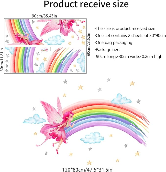 Rainbow & Fairy Wall Decals - 2 Sheets, 30x90cm Each, Perfect for Kids' Room Decor