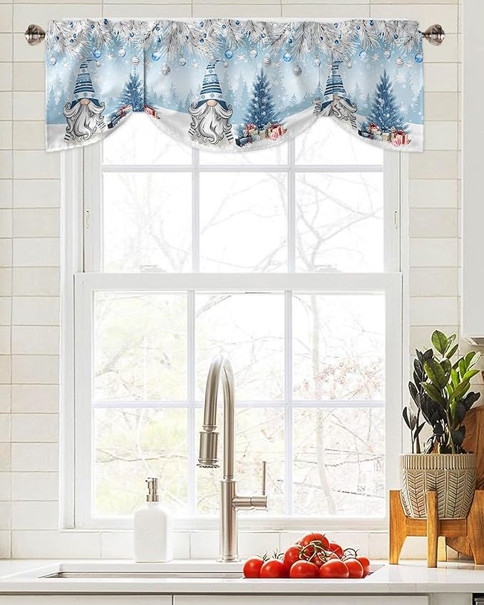 Christmas Gnome Blackout Tie Up Valance Curtains for Kitchen Windows Winter Merry Christmas Tree Balls Window Toppers Balloon Shades for Living Room/Bathroom/Bedroom,1 Panel, 42" X 18", Blue