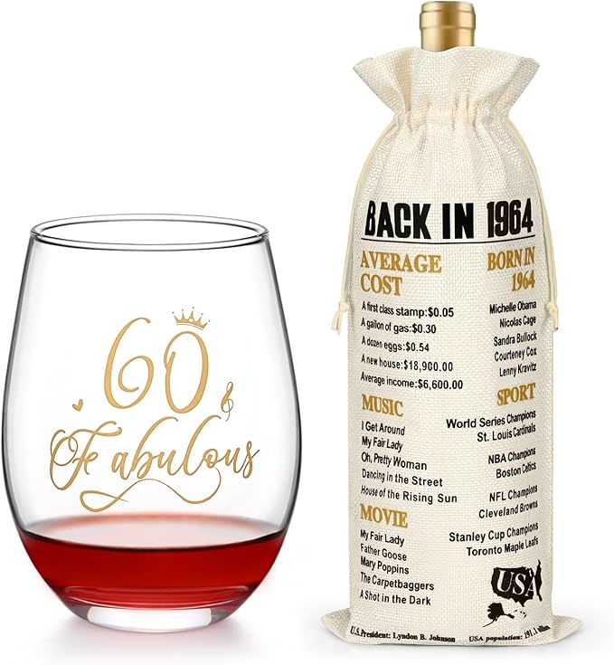 DAZLUTE 60th Birthday Gifts for Women, 60 & Fabulous Wine Glass with 1 Pack Reusable Burlap Wine Bag, 60 Year Old Wine Glass Birthday Gift for Women Mom Friend Sister Wife Aunt Grandma, 17 Oz Gold