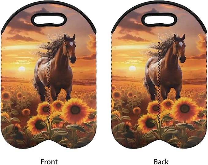 doginthehole Horse Sunset Insulated Wine Tote Neoprene Wine Carrier Bag Sunflower Print Champagne Carrying Bag 2 Bottle Wine Gift Bag for Women Men Portable Wine Travel Bag
