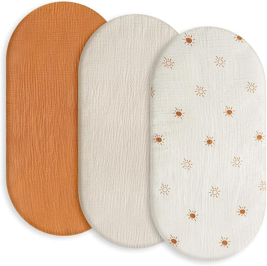 Gllquen Baby Muslin Bassinet Sheets 3 Pack, Breathable Elastic Cozy Fitted Cotton Bassinet Mattress Sheet for Baby Boy Girls, Fit for Hourglass Oval Rectangular Cradle Pad Sheets 33"X17" (Sunshine)
