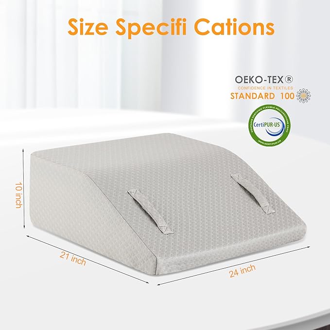 Leg Elevation Pillows for Sleeping, Memory Foam Wedge Pillow for Legs, Knee Wedge Pillow for After Surgery, Swelling, Back Pain and Circulation, Non-Slip Base, Removable Cover (10 Inch, Grey)