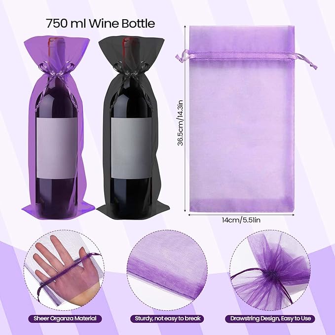 Megitzuu 20 Pieces Organza Wine Bags, 14.6 x 5.5 Inch Wine Gift Bag with Drawstring Sheer Mesh Wine Gift Pouches Bottle Covers for Halloween Christmas Wedding Party Favors (Black+Purple)