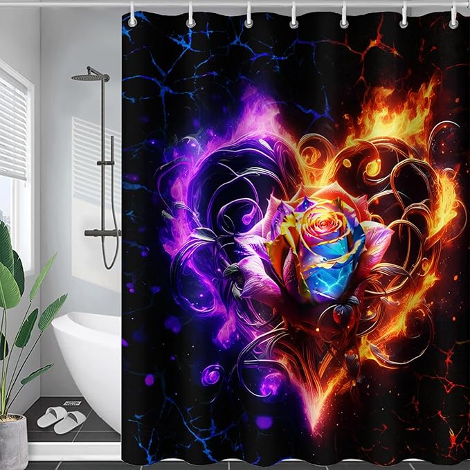AILONEN Rose Shower Curtain for Bathroom,Purple Red Flame Fire Rose Hearts Print Bath Curtain,Modern Print Decoration Waterproof Shower Curtain with 12 Plastic Hooks, 60" W*72" H