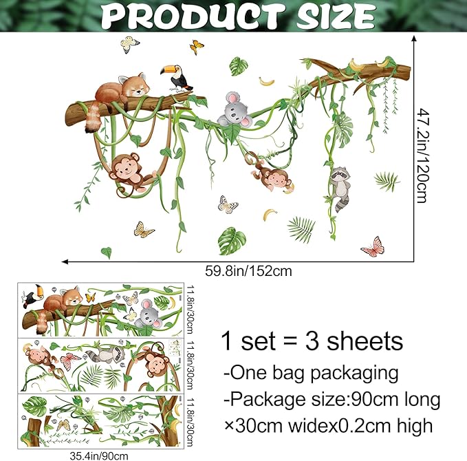 Removable Jungle Animals Wall Decals Peel and Stick Safari Monkey Climbing Tree Wall Stickers Vinyl Sloth Butterfly Vine Mural Art Decor for Kids Nursery Bedroom Living Room Sofa TV Wall