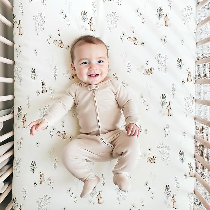 GRSSDER Stretch Ultra Soft Jersey Knit Fitted Crib Sheets Set 2 Pack，Fit All Standard Crib Mattress Pads Safe and Snug, Crib Fitted Sheet for Boys and Girls, Stylish Watercolor Rabbit Pattern