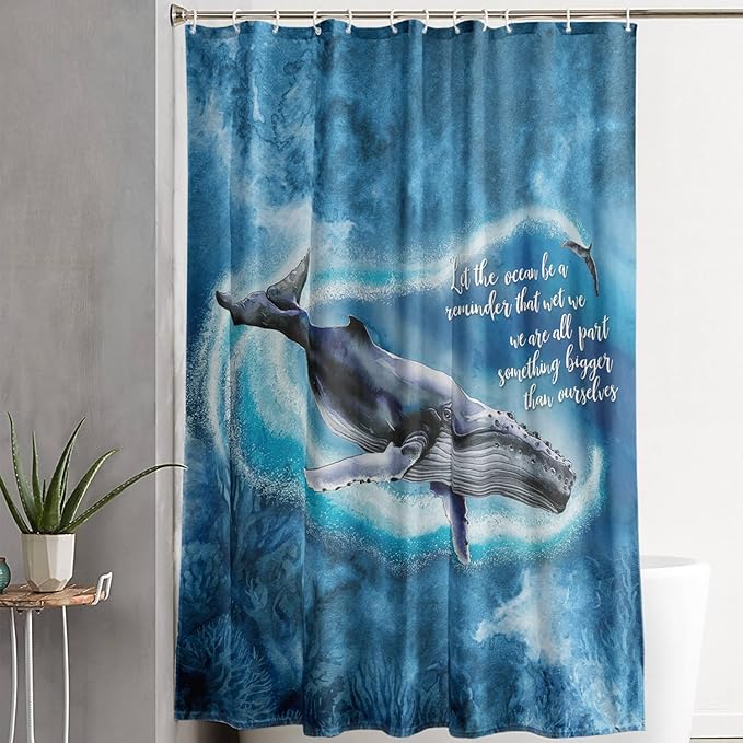 AILONEN 3D Whale Shower Curtain,Cute Whale Jumping Shower Curtain for Bathroom,3D Blue Ocean Animal Waterproof Fabric Shower Curtain Set with Hooks,72" W*96" H