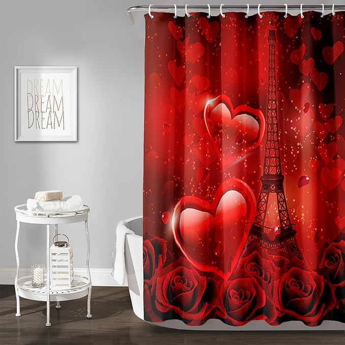 AILONEN Red Rose Shower Curtain for Bathroom, Romantic Eiffel Tower Love Hearts Printed Bathroom Curtain,48" W*72" H Polyester Waterproof Bath Curtain with 12 Hooks