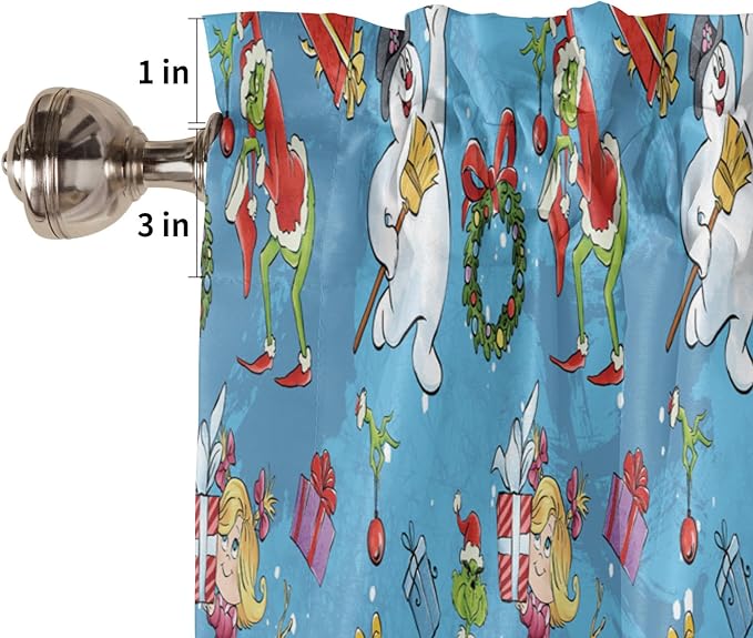 Snowman and Grin-ch Christmas Window Valance for Kitchen Living Room Retro Style Window Curtain for Bedroom Funny Christmas Window Valance Rod Pocket Window Treatment Christmas Decors, 54" W x 18" L
