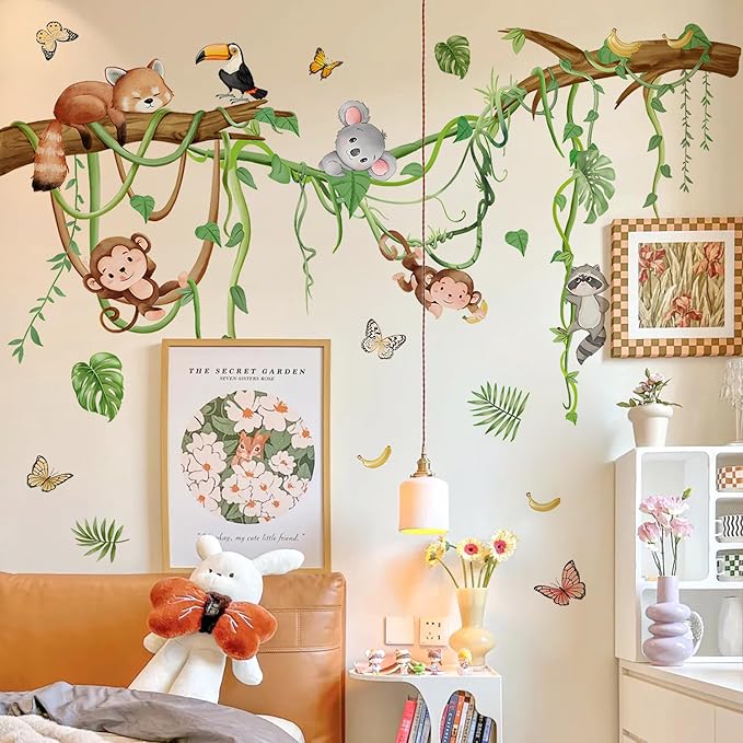 Removable Jungle Animals Wall Decals Peel and Stick Safari Monkey Climbing Tree Wall Stickers Vinyl Sloth Butterfly Vine Mural Art Decor for Kids Nursery Bedroom Living Room Sofa TV Wall