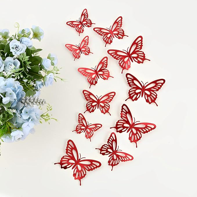 72Pcs 3D Butterfly Wall Decor 3 Sizes 3 Styles, Butterfly Decorations Party Birthday Cake Decoration, Removable Butterfly Wall Stickers for Kids Nursery Wedding Bedroom Room Decor(Red)