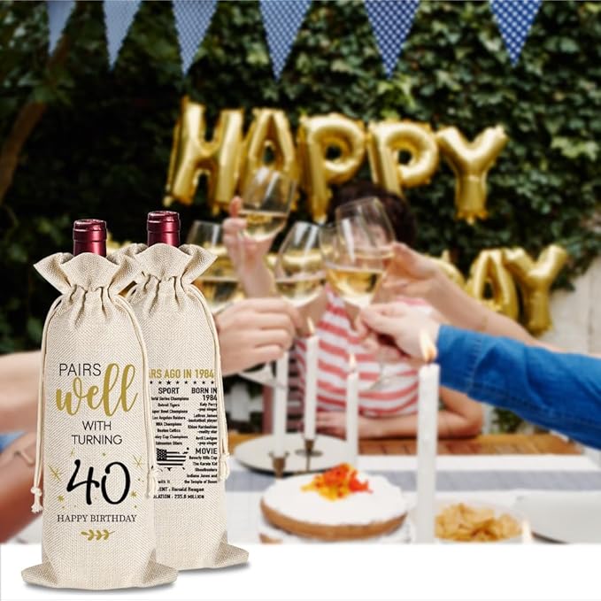 YAANUNULU 40th Birthday Gifts for Women Men, 40 Years Old Birthday Wine Bag Gifts, 40th Birthday Decorations, 1984 Birthday Gift, Happy 40th Birthday Party Wine Bag Gifts, Pairs Well With Turning 40