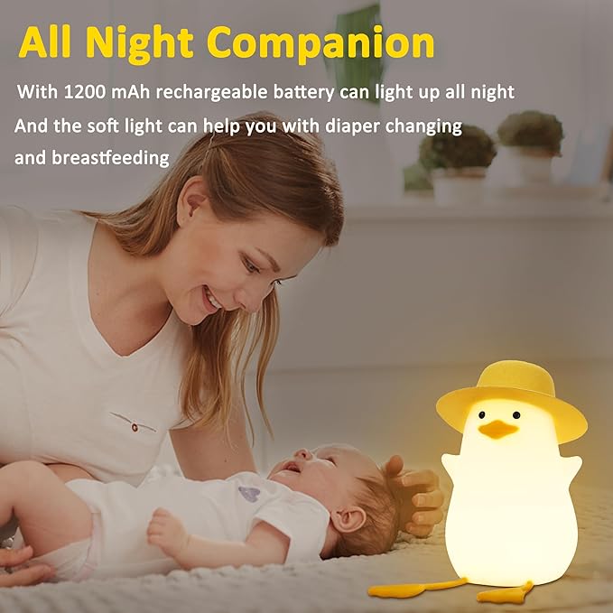 Duck Night Light, Duck Gifts for Girl, Kids Night Light Lamp Gifts Bedside Lamp for Nursery, ABS+SIL, Touch Control, Portable and Rechargeable Dimmable, Birthday Gifts for Boys Girls ( Duck with Hat)