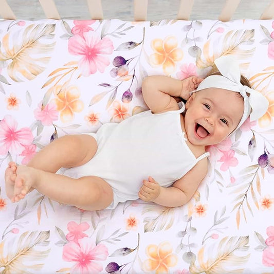 JISEN Fitted Crib Sheets 1 Piece Soft Breathable Baby Crib Sheets for Standard Crib and Toddler Mattress Baby Bed Sheets for Crib for Baby Boys Girls Neutral 28x52 Inch Flowers