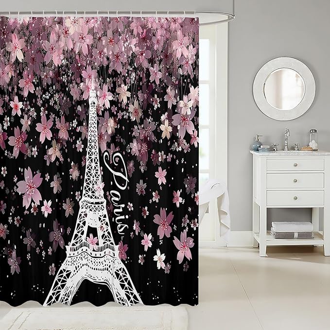 Feelyou Cherry Blossoms Shower Curtain 72"x84" Kids Eiffel Tower Bathroom Shower Curtain Set for Boys Girls Teens Romantic Paris Bath Curtain Floral Botanical Bathroom Accessories