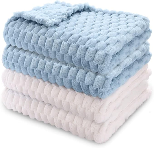 HOMRITAR 4 Pcs Baby Blanket for Unisex 3D Flannel Fleece Fluffy Blanket for Baby Soft Plush Breathable Bed Blanket for All Season Toddler Infant or Newborn 30 x 40 Inch (2 Pcs Blue, 2 Pcs Cream)