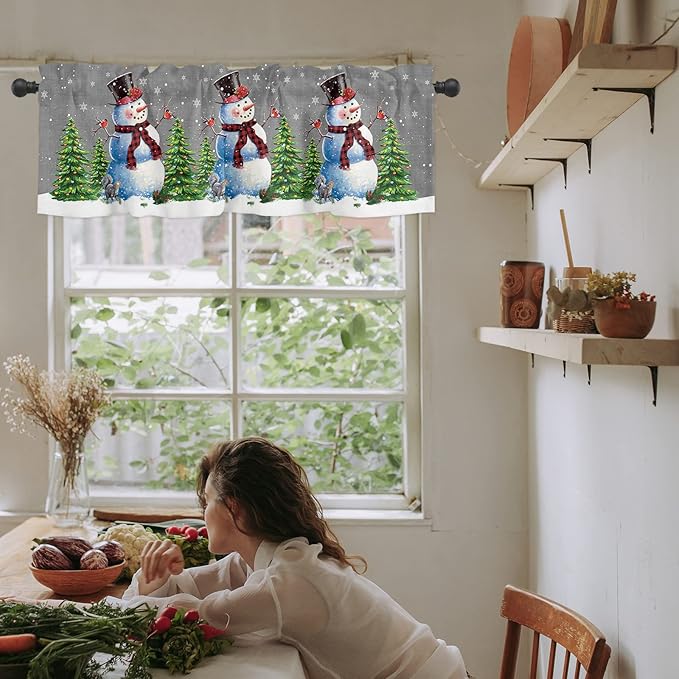 Christmas Snowman Kitchen Curtains Valances for Windows Winter Holidays Cardinal White Snowflake Rod Pocket Window Treatment for Kitchen /Living Room/Bedroom/ Bathroom,42" X 18" -1 Panel, Gray