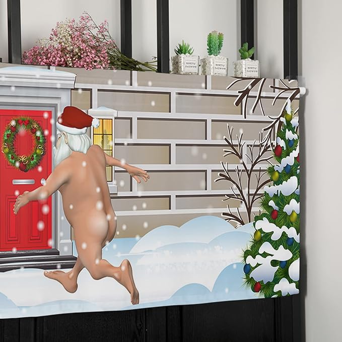 Christmas Farmhouse Kitchen Curtains Valances for Windows Funny Santa Claus Rod Pocket Window Treatment for Kitchen/Living Room/Bedroom/Bathroom,42" X 12" -1 Panel, Holly Xmas Tree