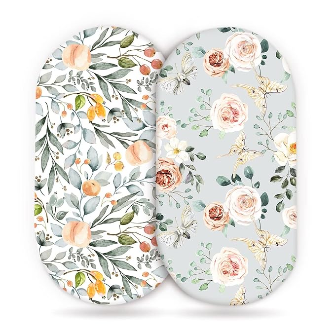 GRSSDER Stretchy Ultra Soft Fitted Bassinet Sheet Set 2 Pack for Girls Universal Fit for Baby Cradle Moses Basket Oval Rectangle Mattress, Watercolor Flowers and Fruits