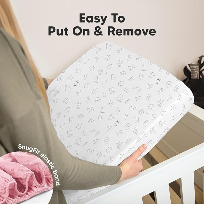 2-Pack Organic Crib Sheets for Boys, Girls - Jersey Fitted Crib Sheet, Baby Crib Sheets Neutral, Crib Mattress Sheet, Cotton Crib Sheets, Breathable Crib Sheet, Baby Mattress Sheets (ABC Land Rose)