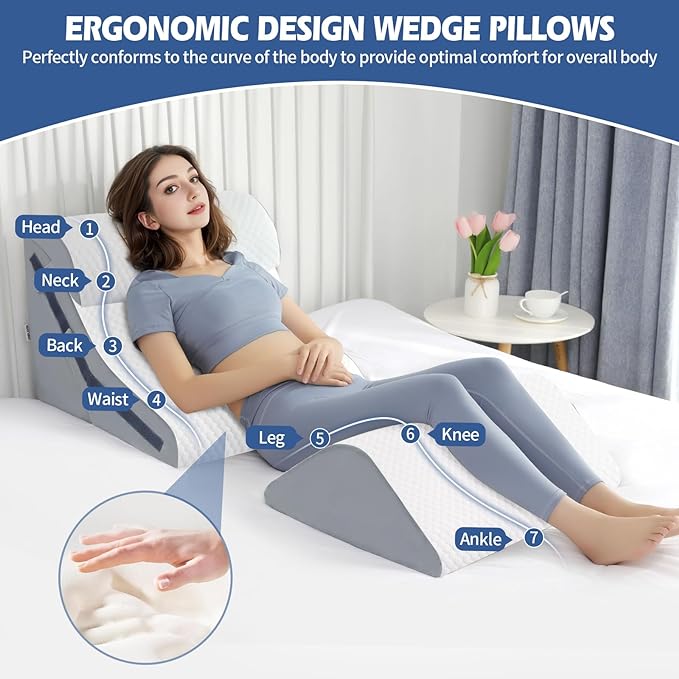 4Pcs Orthopedic Bed Wedge Pillow Set with 4Pcs Replacement Pillowcase, Incline Wedge Pillow for Back Pain Relief/Sleeping/Snoring/Post Surgery/Leg Elevation 20-in-1 Adjustable Memory Foam Wedge Pillow