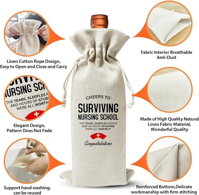 Nurse Graduation Gift Wine Bag, Nursing School Graduation Party Decor, Cheers To Surviving Nursing School, Nurse Appreciation Gifts For Rn Nurses Practitioner, Reusable Burlap Wine Bag