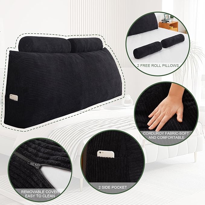 HIGOGOGO Wedge Headboard Pillow, Bed Rest Reading Pillow, Backrest Positioning Support Bolster Cushion with Removable Cover,King Size 76.8X20.4X8.4,Black