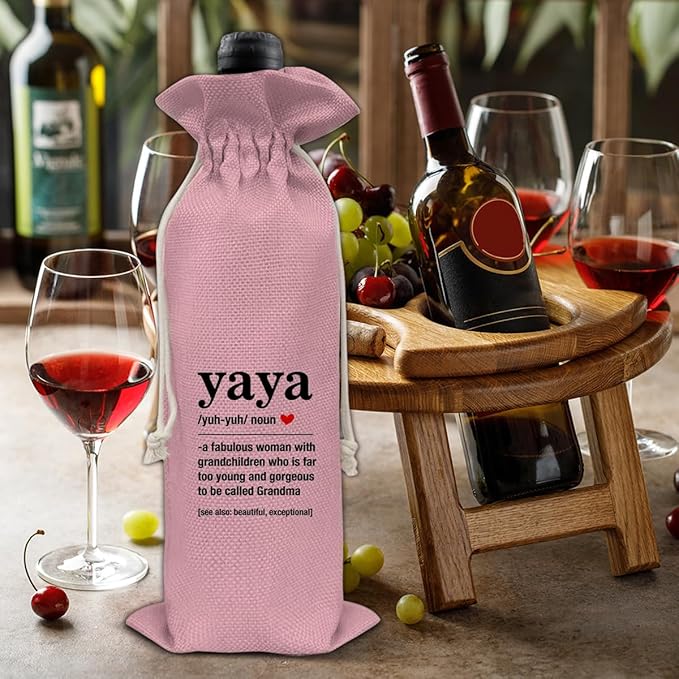 HOIJAUMAI Gifts for Grandma, Grandma Gift From Granddaughter Grandson, Funny Yaya Definition Wine Bag Grandma Wine Gift Bags for Yaya Nana Gigi Mimi Grandmother (Pink)