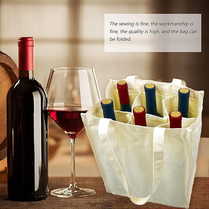 Canvas Wine Tote for 6 Bottles, Cotton Wine Bag with 6 Divider Reusable Wine Bottle Carrier Bag Holder for Travel Camping Picnic Wine Lover Gift