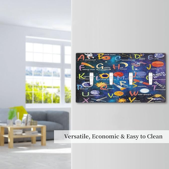 ABC Outer Space Quad Toggle Light Switch Cover Decorative Alphabet Galaxy Boys Educational 4 Gang Wall Plate Electrical Faceplate Switchplate for Kidroom Nursery Boyroom Living Room Decor