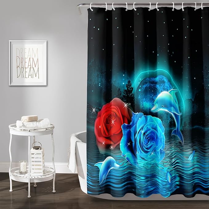 AILONEN Blue and Red Rose Shower Curtain,Cute Dolphin Shower Curtain for Bathroom Decor,72" W*96" H Polyester Waterproof Evening Starry Moon Flower Bath Curtain with 12 Hooks