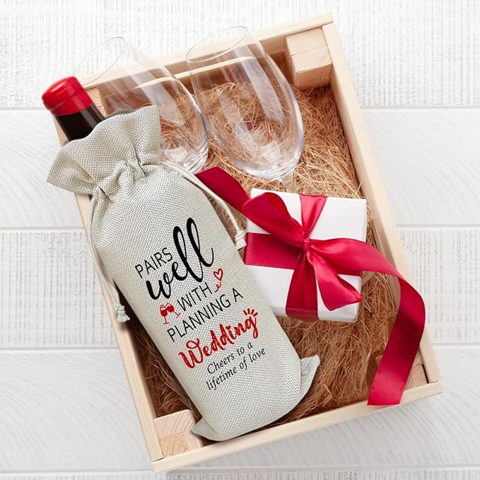 Engagement Wine Bag, Engagement Gift for Couples Friends Coworkers Sister Bestie, Bridal Shower Wine Gift Bag, Party Favor Wine Champagne Gift Bag With Drawstring -20