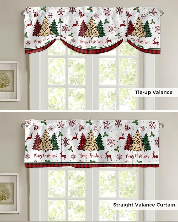 Merry Christmas Blackout Tie Up Valance Curtains for Kitchen Windows Farm Christmas Tree Buffalo Plaid Leopard Window Toppers Balloon Shades for Living Room/Bathroom/Bedroom,42" X 12" Holiday Decor
