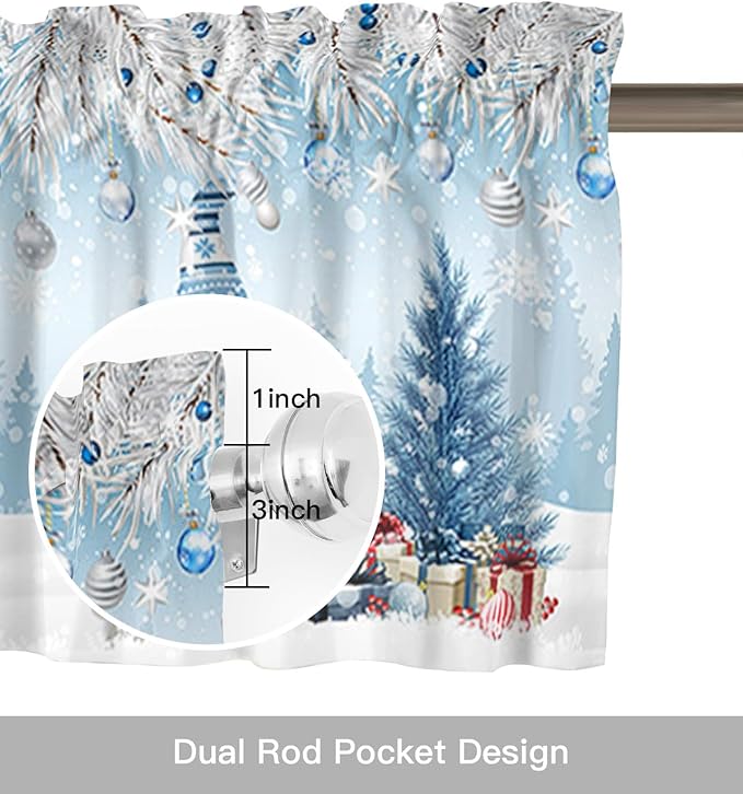 Christmas Gnome Valance Curtains for Kitchen Windows Winter Merry Christmas Tree Balls Rod Pocket Window Treatment Toppers for Kitchen/Living Room/Bedroom/Bathroom, 42" X 12", Blue