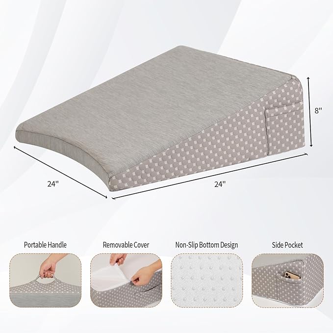 Wedge Pillow for Sleeping, 8 Inch Cooling Triangle Bed Pillow with Removable Cover, Elevated Body Pillow for Back Support, After Surgery, Snoring, Neck, Leg and Acid Reflux, Grey