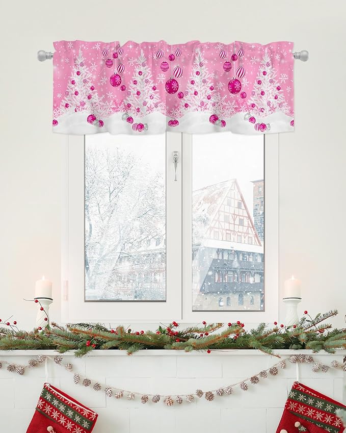 Pink Christmas Valance Curtains for Kitchen Windows White Xmas Tree Snowflakes Pink Balls Rod Pocket Window Treatment Toppers for Kitchen/Living Room/Bedroom/Bathroom, 42" X 18", Winter