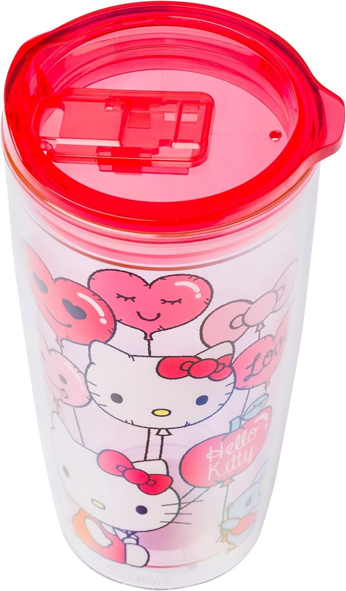 Silver Buffalo Sanrio Hello Kitty Valentine’s Day Heart Balloons Double Wall Travel Tumbler with Slide Close Lid, 20 Ounces