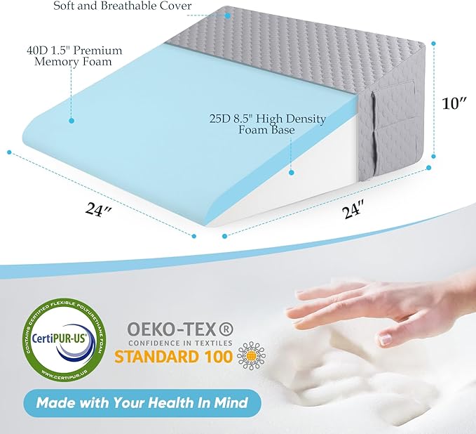 Forias Wedge Pillow for Sleeping,10" Bed Wedge Pillow for After Surgery,Acid Reflux,Snoring,Memory Foam Top Triangle Pillow Wedge with Breathable Removable Cover